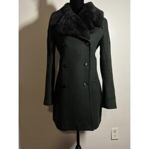 Club Monaco EUC Black Wool Blend Faux Fur Collar Double Breasted Winter Coat XS